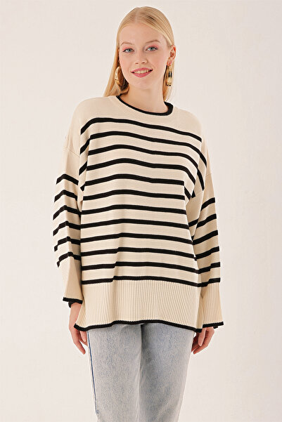 HAKKE Striped Bagel Neck Back Long Oversize Sweater