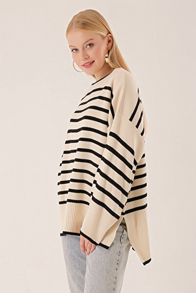 HAKKE Striped Bagel Neck Back Long Oversize Sweater