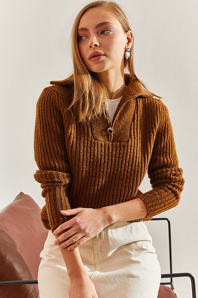 Bianco Lucci Damen-Strickpullover mit Rollkragen und Reißverschluss