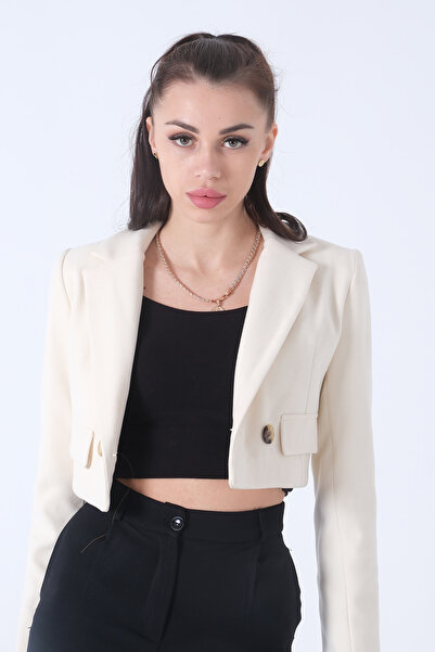 Feminist Ecru Crop Blazer Jacket - Double Breasted Collar and Lined, Stamped 0105125
