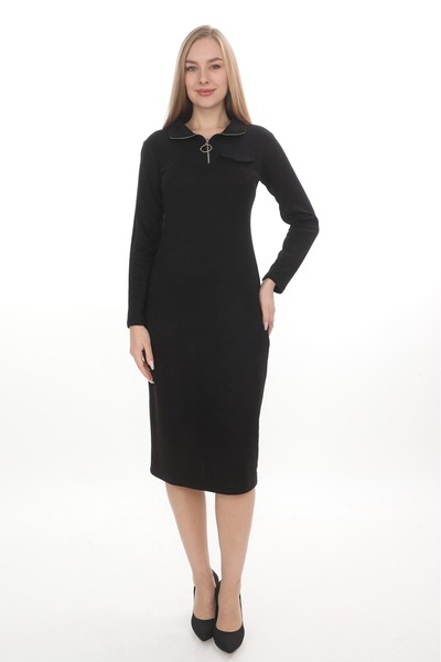 etselements X MODAPO Rochie lungă de culoare uni cu fermoar neagră pentru femei