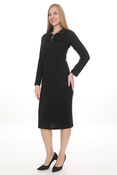 etselements X MODAPO Rochie lungă de culoare uni cu fermoar neagră pentru femei
