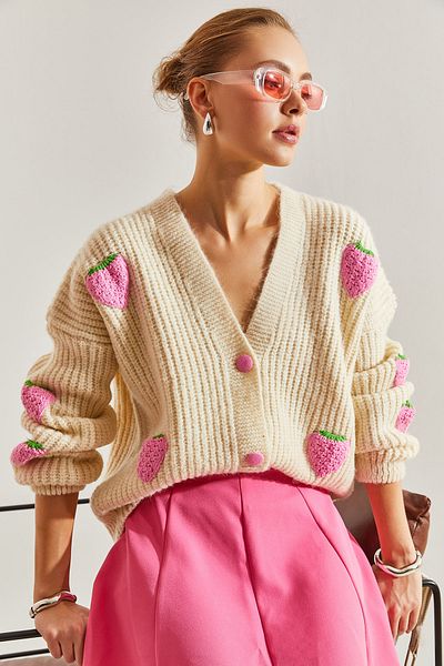 Bianco Lucci Cardigan de damă, tricotaj cu nasturi, căpșuni