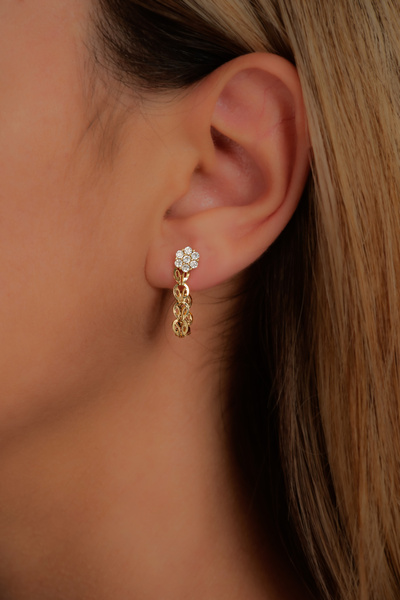 GençTaş Kuyumculuk 14 Ayar Altın Çiçek Detaylı Lale Zincir Kadın Küpe