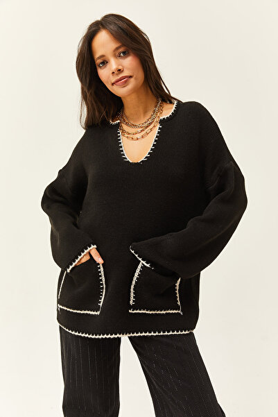 Olalook Schwarzer Oversize-Strickpullover für Damen mit Kragen und Taschendetail KZK-19000717