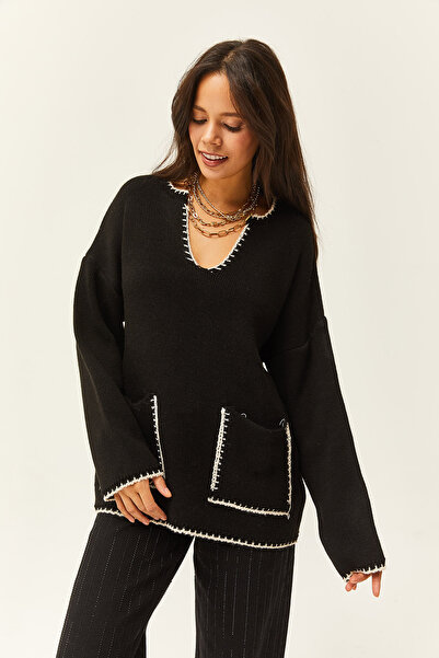 Olalook Schwarzer Oversize-Strickpullover für Damen mit Kragen und Taschendetail KZK-19000717