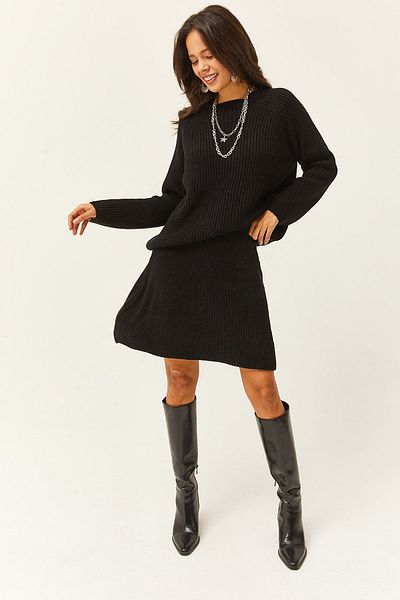 Olalook Women's Black Top Sweater Bottom Mini Flared Skirt Knitwear Suit TKM-19000248