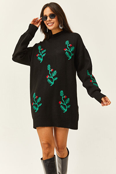 Olalook Kadın Siyah Çiçekli Yumuşak Dokulu Triko Tunik Elbise ELB-19002003