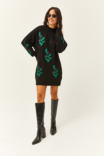 Olalook Kadın Siyah Çiçekli Yumuşak Dokulu Triko Tunik Elbise ELB-19002003