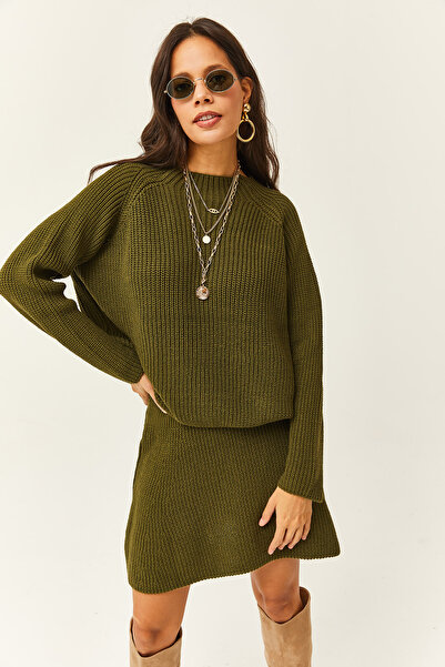 Olalook Women's Khaki Top Sweater Bottom Mini Flared Skirt Knitwear Suit TKM-19000248