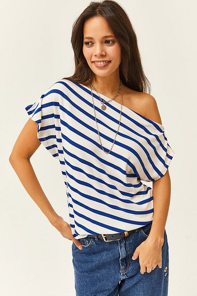 Olalook Dámské Saks Modrý pruhovaný límec na pití Premium Soft Touch Flexibilní halenka BLZ-19002450