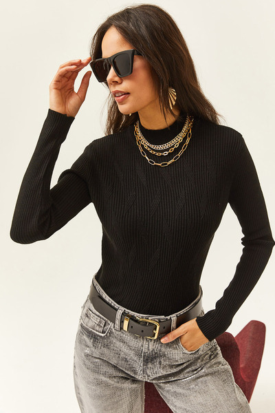 Olalook Pulover de damă, negru, cu detalii în zig-zag, tricot pescar, KZK-19000488