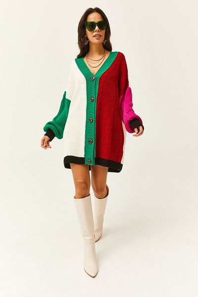 Olalook Γυναικεία πράσινη χρωματική μπλοκ Oversize μακριά πλεκτά ζακέτα HRK-19000265