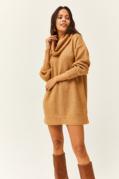 Olalook Kadın Camel Degaje Yaka Yumuşak Dokulu Triko Tunik Elbise ELB-19001982