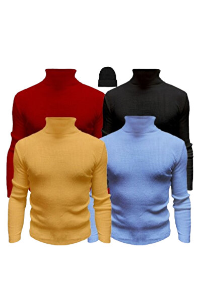 Nacar Unisex 5’li Hazır Paket Balıkçı Yaka Kaşkorse 4 Slimfit Boğazlı Kazak 1 Triko Bere