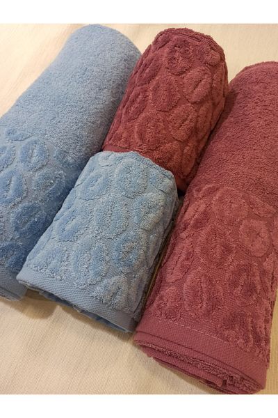ŞENER HOME Σετ μπάνιου 4 τεμαχίων Blue & Dusty Rose Mussel - Πετσέτα μπάνιου και κεφαλιού