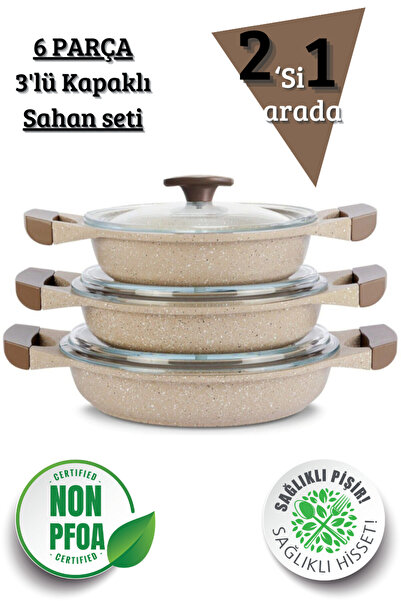 ThermoAD 2'si 1'arada Set Aluminium Döküm Vizon 3'lü Sahan Seti ve 3'lü Tava Seti