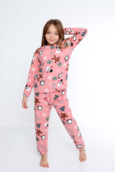 FAMES PİJAMA Pink Kids Shaved Fleece Thick Home Pajama Set | 5,6,7,8,9,10 YEARS