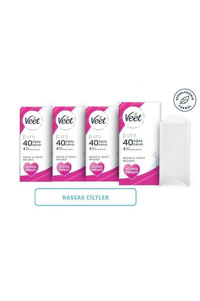 Veet Pure Hypoallergenic Wax Tape Sensitive Skin Leg and Body Area 40 x 4 Pieces