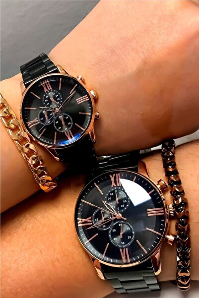 ÇENÇEN Siyah Kordon Rose Kasa Çift Saat Paslanmaz Çelik Kasa Metal Kordon Sev...