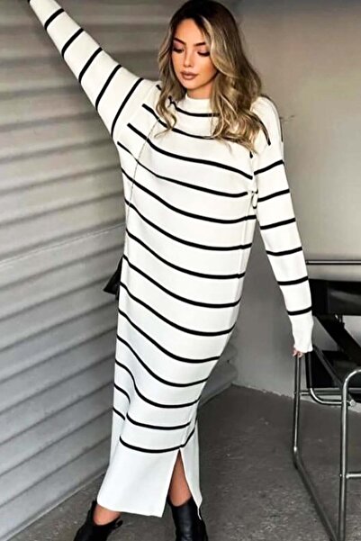 ESSFASIHON Γυναικείο πλεκτό φόρεμα με λεπτομέρεια στο πλάι Άνετη εφαρμογή μακριά ριγέ (πολύχρωμο)