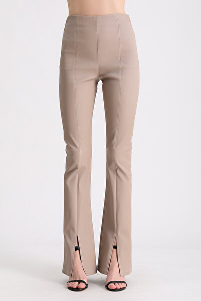 Leather Club Krem Yırtmaç Detaylı Deri Pantolon