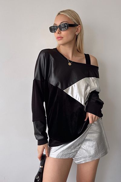 FEMELLE Bluză de damă neagră cu o curea de umăr cu model bloc