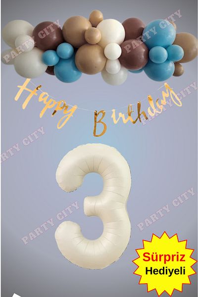 Party City 3 Year Old Beige Color Foil Balloon Themed Concept; Balloon Birthday Party Celebration Set