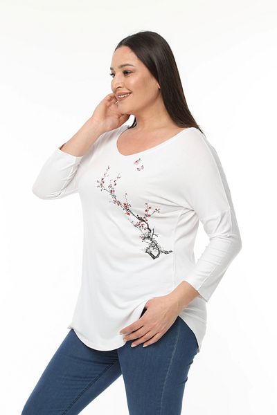 Curvy Trend Μπλούζα με φαρδιά λαιμόκοψη V με μισό μανίκι με στάμπα Sakura