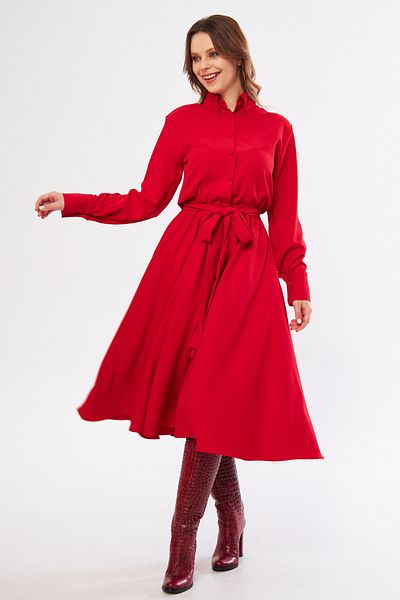 Bidoluelbise Long Sleeve Belted Midi Length Elastic Waist Pocket Shirt Dress