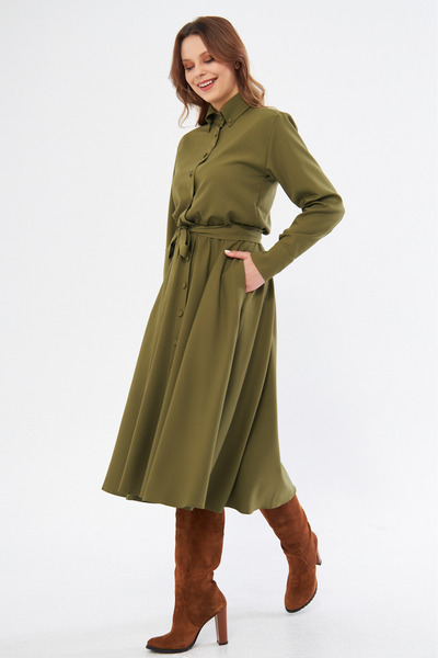 Bidoluelbise Φόρεμα πουκάμισο με μακρυμάνικο μίντι μήκος ελαστική μέση με τσέπες