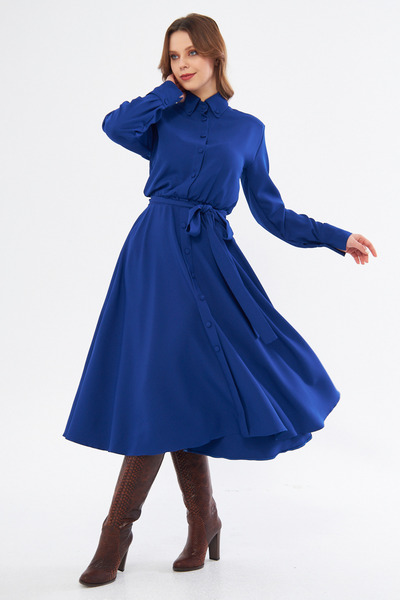 Bidoluelbise Φόρεμα πουκάμισο με μακρυμάνικο μίντι μήκος ελαστική μέση με τσέπες