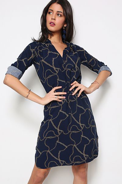 AVORWE Rochie cămașă cu nasturi cu model de lanț