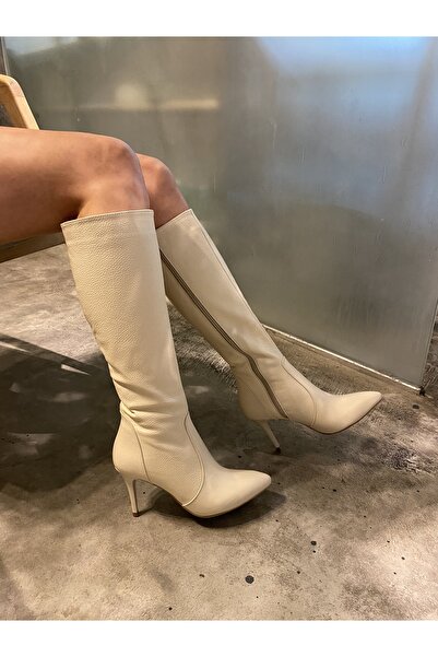 LA PASSION HAKİKİ DERİ TAMAMEN EL YAPIMI BEJ TOPUKLU ÇİZME