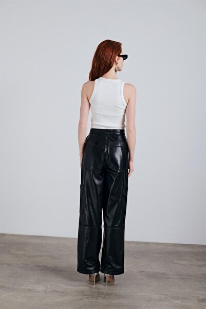 Noella Rosa Deri Kargo Pantolon Siyah