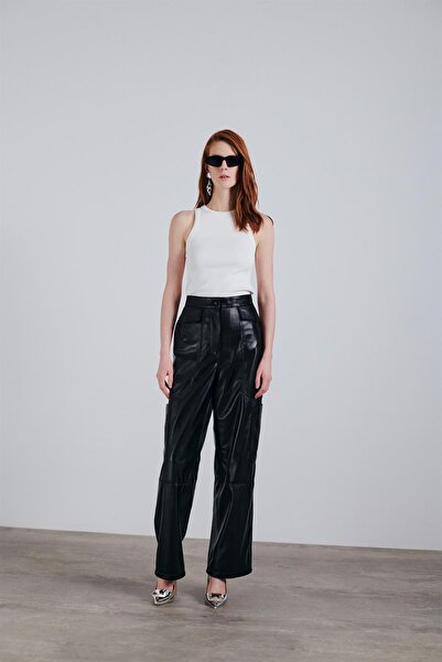 Noella Rosa Deri Kargo Pantolon Siyah