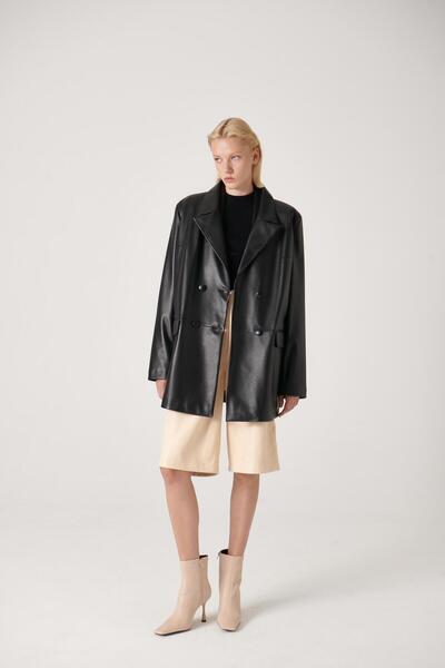 Nadya Kruvaze Oversize Deri Ceket Siyah