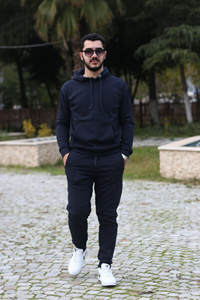 han collection Kar-tex 2 ip içi polar kanguru cep ve kapüşonlu kışlık erkek eşofman takımı