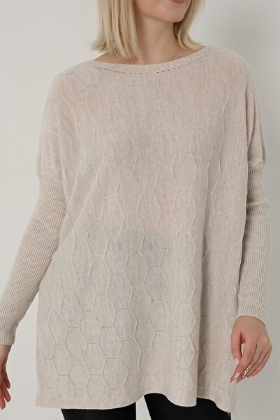 VEGENZE Women's Beige Slit Boat Neck Fine Knitwear Sweater