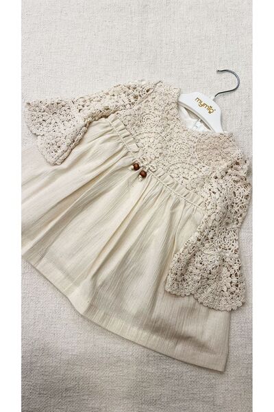 PARK BEBE kız bebek keten elbise üstü dantel detaylı