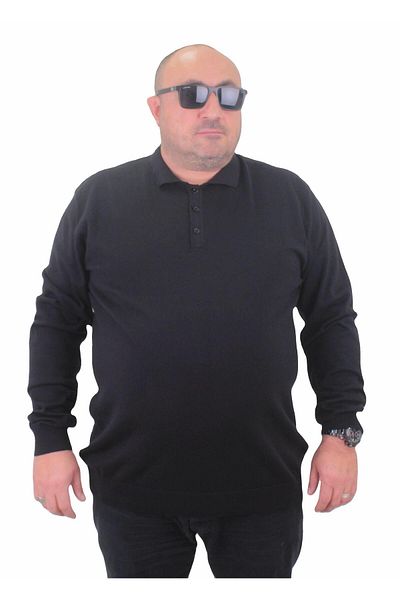 Starbattal Men's Plus Size Polo Collar Buttoned Knitwear Sweater 23700 BLACK