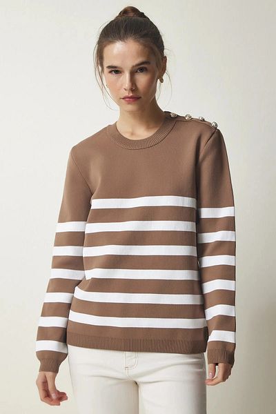 hazelin Women's Mink White Striped Shoulder Detailed Crew Neck Sweater HZL24W-BD1102081