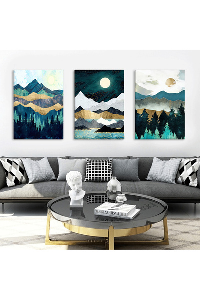 KOLAJTASARIM Dokusal Modern Şekiller Doğa Temalı Dekoratif 3'lü Set Kanvas Tablo