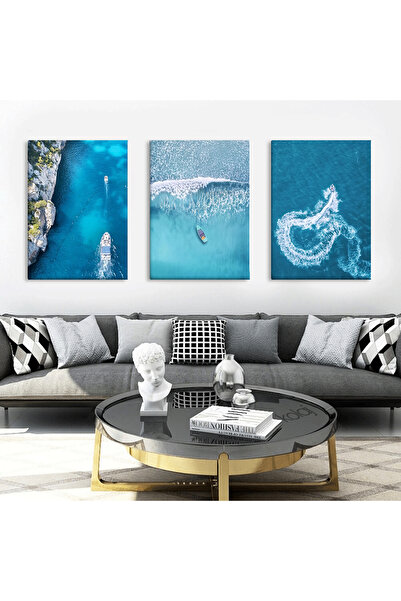 KOLAJTASARIM Mavi Rüyalar: Okyanus Manzaralı Dekoratif Üçlü Kanvas Tablo Seti