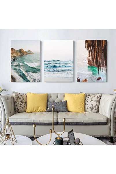 KOLAJTASARIM Okyanus Kıyısı Deniz Manzarası Dekoratif 3'lü Kanvas Tablo Seti