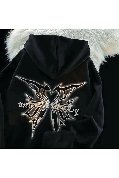 Touz Moda Φούτερ Y2k Butterfly Back Printed Oversize Unisex Μαύρη κουκούλα με κουκούλα
