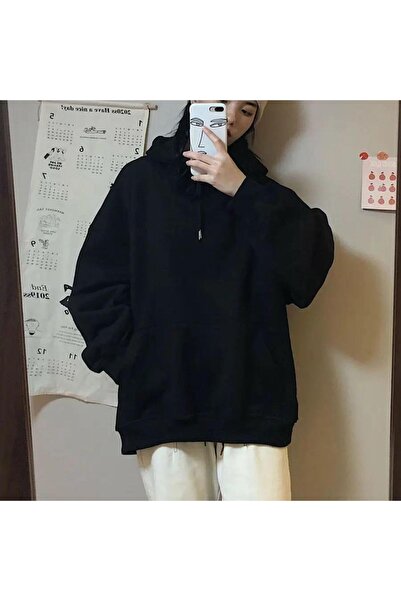 Touz Moda Φούτερ Basic Plain Oversize Unisex Μαύρη κουκούλα με κουκούλα