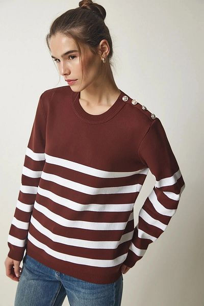 hazelin Women's Brown and White Striped Shoulder Detailed Crew Neck Sweater HZL24W-BD1102081