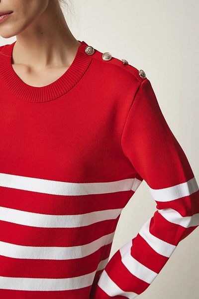 hazelin Women's Red White Striped Shoulder Detailed Crew Neck Sweater HZL24W-BD1102081