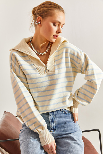 Bianco Lucci Pulover de damă în dungi cu fermoar